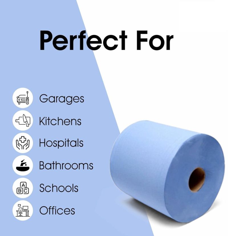 24 Centrefeed Blue Roll - 2 Ply Embossed Blue Paper Towel Roll (Pack of 6 Rolls) Toilet Sheet Wipes kitchen rolls removable & washable garage soft bathroom eco-friendly - Image 4