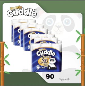 Panda Cuddle 90 PACK Blue 3ply Supersoft Toilet Roll - Ideal for Garages, Kitchens, and Bathrooms - Household, Lightweight