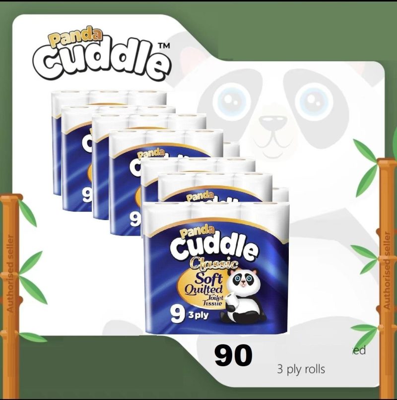 Panda Cuddle 90 PACK Blue 3ply Supersoft Toilet Roll - Ideal for Garages, Kitchens, and Bathrooms - Household, Lightweight