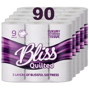 90 Bliss 3 PLY Toilet Rolls Soft Quilted Toilet Tissue Paper - 90 Toilet Paper Rolls Bulk Lightweight Sheets Towel Unscented Napkin Wipes Handheld Flushable Eco-friendly Disposable Sustainable Sheets Family flushable bathroom