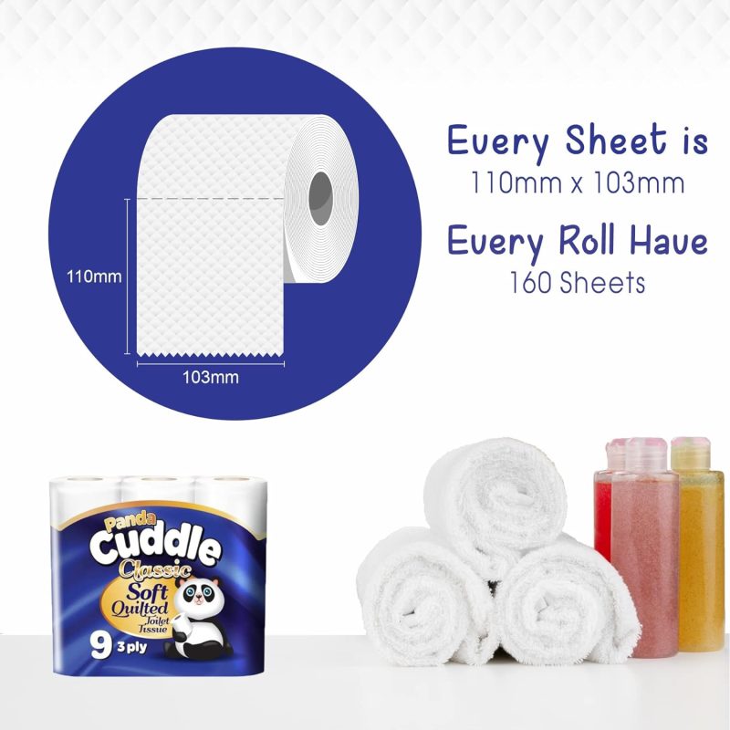 Panda Cuddle 90 PACK Blue 3ply Supersoft Toilet Roll - Ideal for Garages, Kitchens, and Bathrooms - Household, Lightweight - Image 3